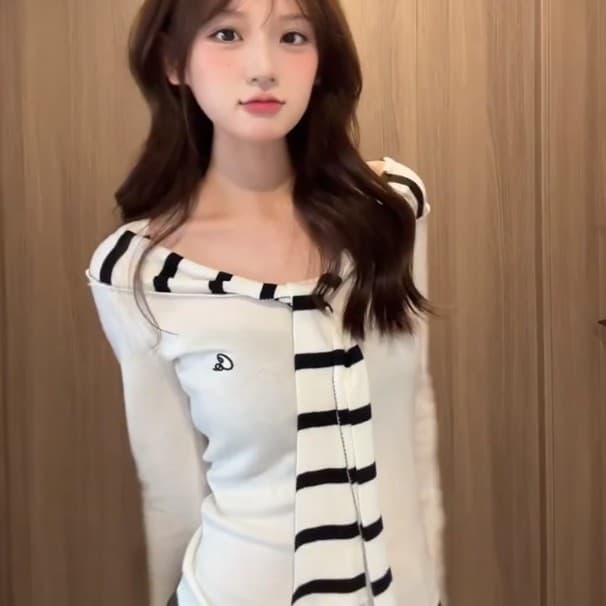 De 플러시 화이트 긴팔 티셔츠 여성 가을 리본 패치워크 달콤한 핫걸 맨위