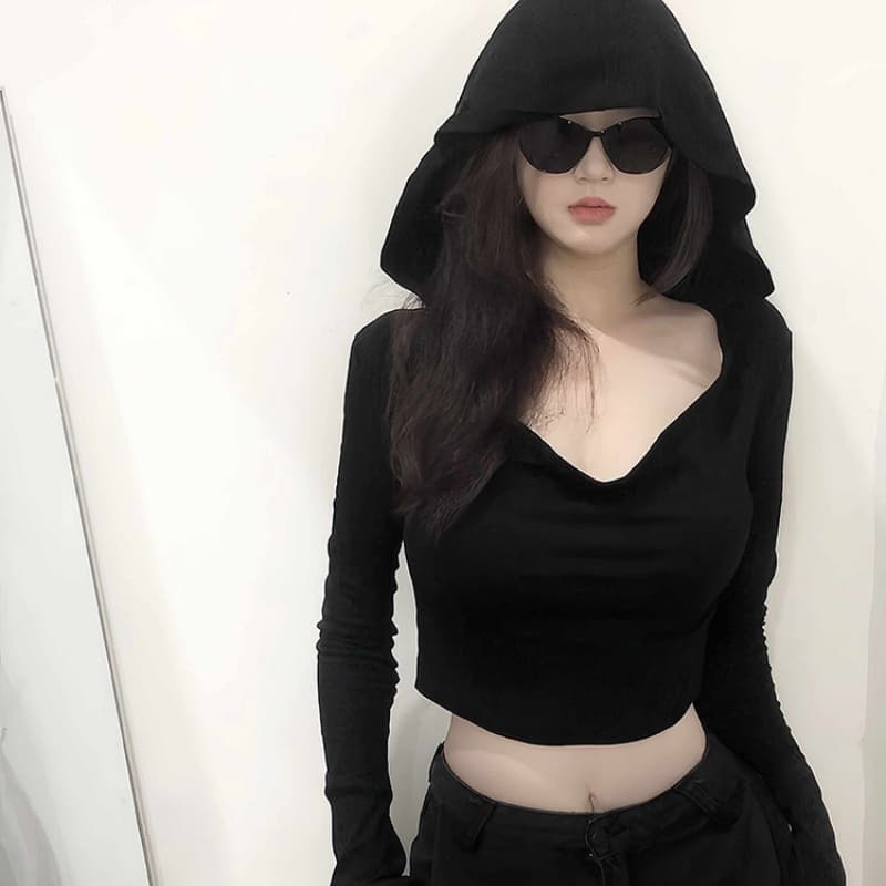 리브 검정색 핫걸 후드 긴팔 디자인 센스 인사이드 가져 가라. 이슬 뼈의 맨위 이미지 3