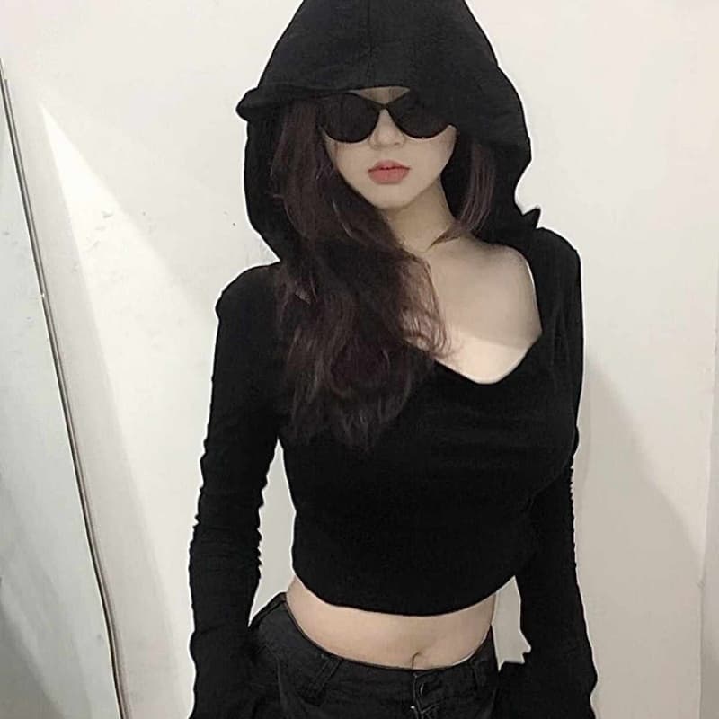 리브 검정색 핫걸 후드 긴팔 디자인 센스 인사이드 가져 가라. 이슬 뼈의 맨위 상세 이미지 2