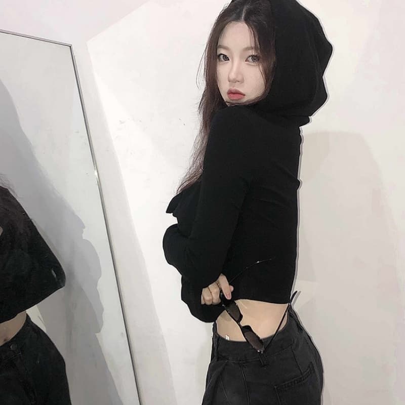 리브 검정색 핫걸 후드 긴팔 디자인 센스 인사이드 가져 가라. 이슬 뼈의 맨위 상세 이미지 4