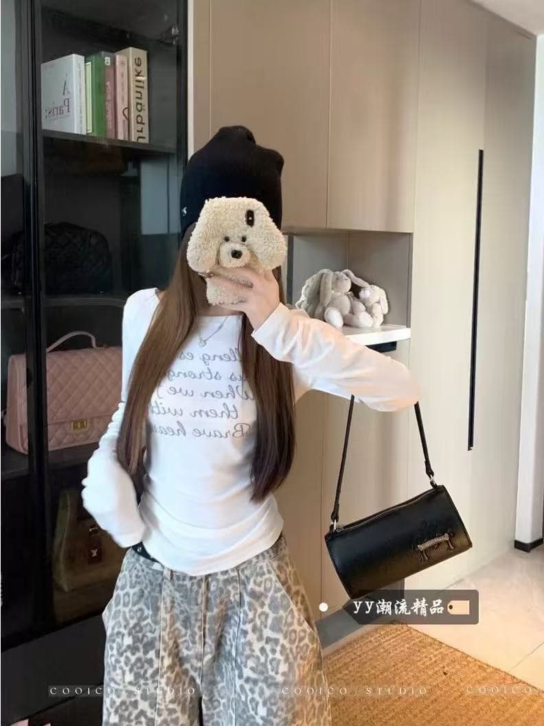 1 1 인 면 260 그램 한 부서 화이트 긍정적 인 어깨 알파벳 프린트 긴팔 티셔츠 여성 이른 가을 새로운 이미지 2