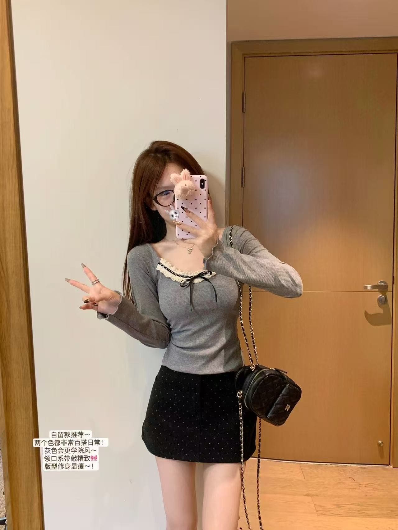 2 2 徳 플러시 240 그램 순수한 욕망 bm 바람 레이스 조각 u 칼라 긴팔 티셔츠 여성 가을 나비 상세 이미지 4