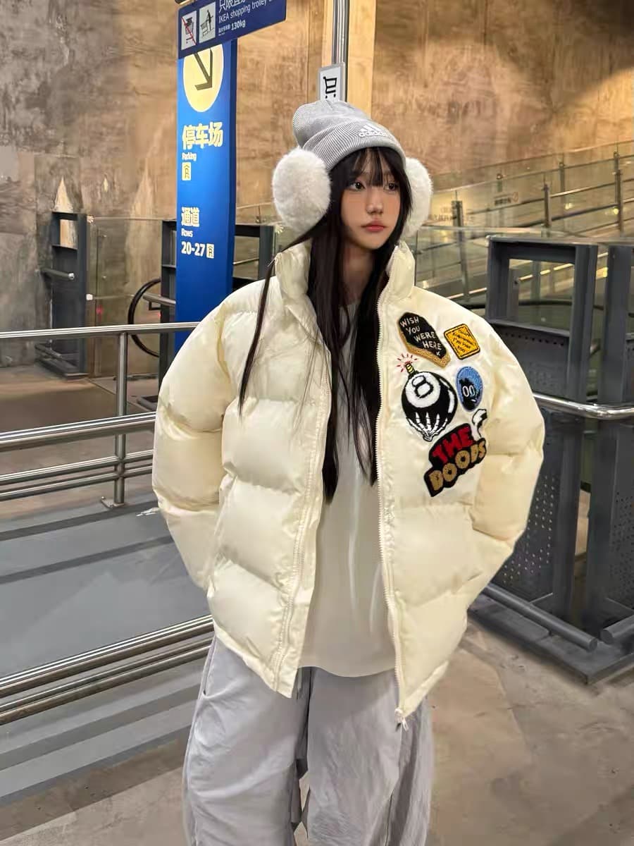2025 새로운 amobeba 알파벳 자수 면 의류 루즈핏 남녀 아메리칸 겨울 두꺼운 빵 외투 상세 이미지 4