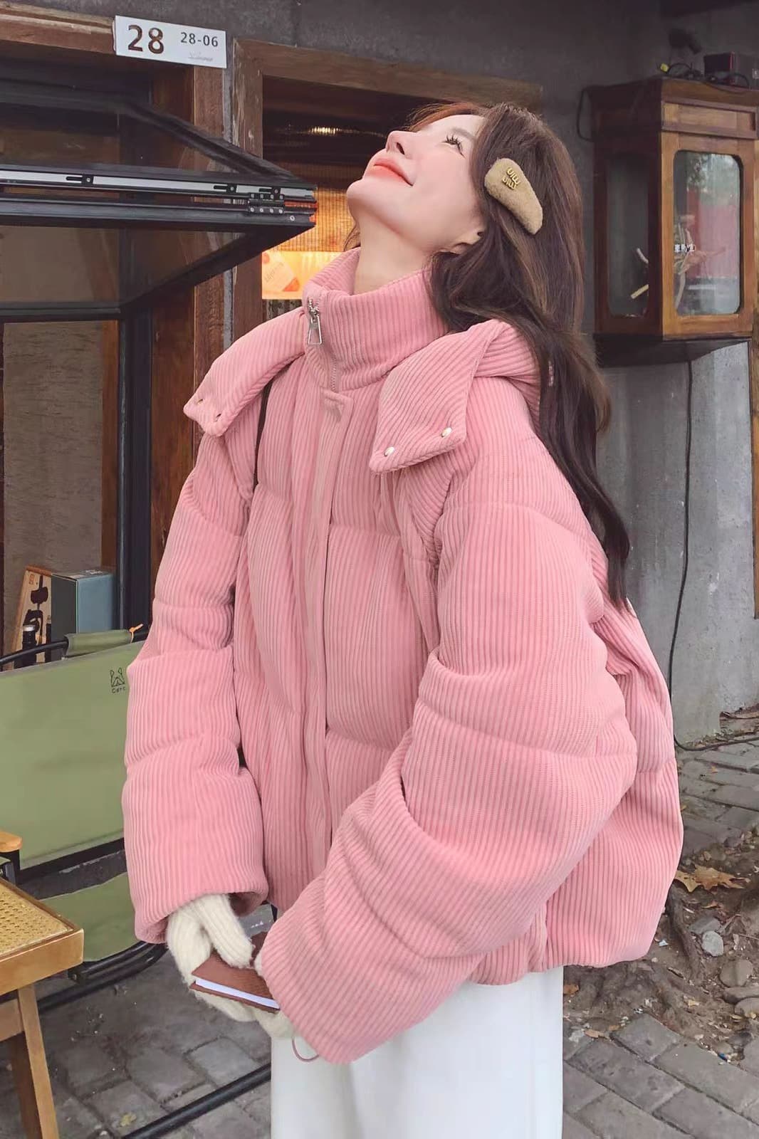 2026 슈퍼 잘 생긴 ~ 중 한 부서 코듀로이 스탠드 칼라 후드 아래 면화 의류 여자 겨울 루즈핏 재킷