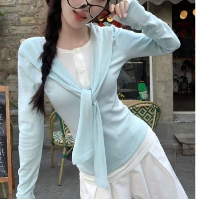 한 부서 파란색 페이크 레이어드 레이스업 긴팔 티셔츠 여성 조기 가을 2025 새로운 인사이드 가져 가라. 기본 셔츠 몸매 가꾸기 맨위