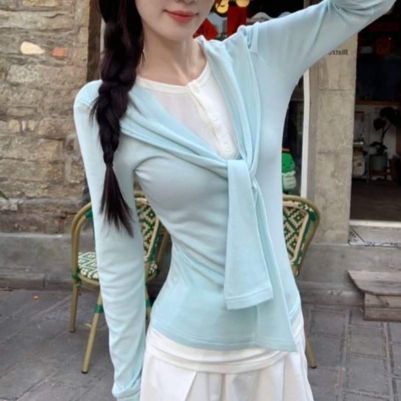 한 부서 파란색 페이크 레이어드 레이스업 긴팔 티셔츠 여성 조기 가을 2025 새로운 인사이드 가져 가라. 기본 셔츠 몸매 가꾸기 맨위 이미지 4
