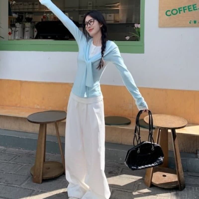 한 부서 파란색 페이크 레이어드 레이스업 긴팔 티셔츠 여성 조기 가을 2025 새로운 인사이드 가져 가라. 기본 셔츠 몸매 가꾸기 맨위 상세 이미지 26