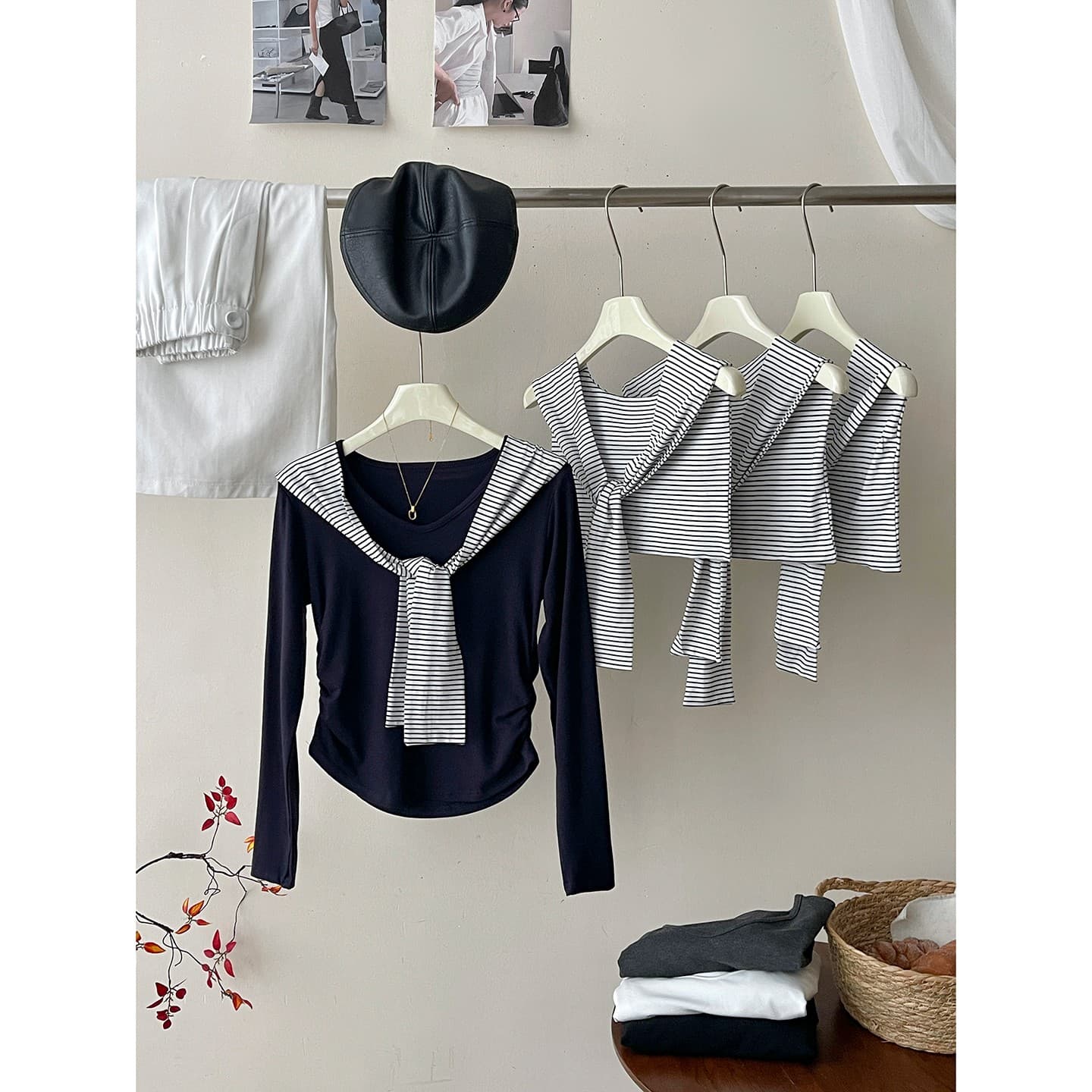 일본과 한국 부서 미니멀리즘 백 코디 스트라이프 숄 티셔츠 여성 가을 프랑스식 펌프 Pleat 허리 수축 외국 가스 핫걸 슬림해 보이는 맨위 이미지 4