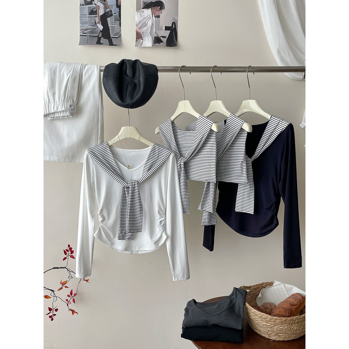일본과 한국 부서 미니멀리즘 백 코디 스트라이프 숄 티셔츠 여성 가을 프랑스식 펌프 Pleat 허리 수축 외국 가스 핫걸 슬림해 보이는 맨위