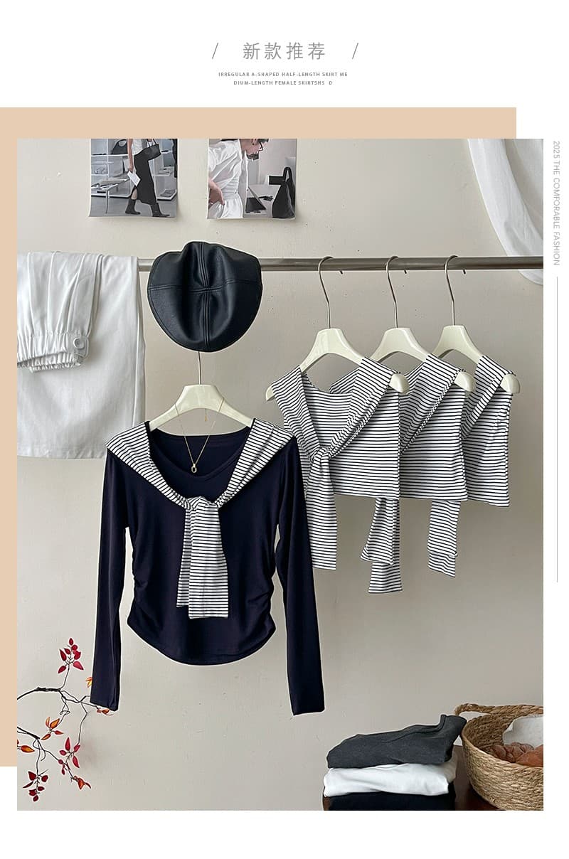 일본과 한국 부서 미니멀리즘 백 코디 스트라이프 숄 티셔츠 여성 가을 프랑스식 펌프 Pleat 허리 수축 외국 가스 핫걸 슬림해 보이는 맨위 상세 이미지 5