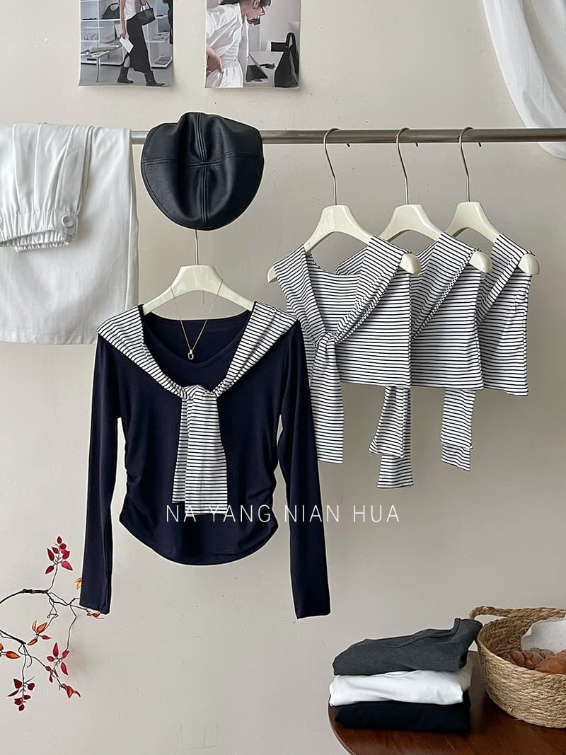 일본과 한국 부서 미니멀리즘 백 코디 스트라이프 숄 티셔츠 여성 가을 프랑스식 펌프 Pleat 허리 수축 외국 가스 핫걸 슬림해 보이는 맨위 상세 이미지 9