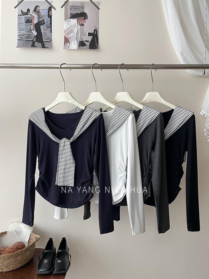 일본과 한국 부서 미니멀리즘 백 코디 스트라이프 숄 티셔츠 여성 가을 프랑스식 펌프 Pleat 허리 수축 외국 가스 핫걸 슬림해 보이는 맨위 상세 이미지 15