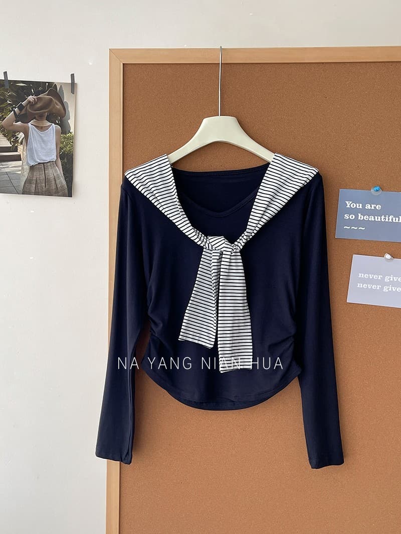 일본과 한국 부서 미니멀리즘 백 코디 스트라이프 숄 티셔츠 여성 가을 프랑스식 펌프 Pleat 허리 수축 외국 가스 핫걸 슬림해 보이는 맨위 상세 이미지 18