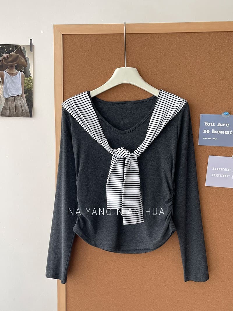 일본과 한국 부서 미니멀리즘 백 코디 스트라이프 숄 티셔츠 여성 가을 프랑스식 펌프 Pleat 허리 수축 외국 가스 핫걸 슬림해 보이는 맨위 상세 이미지 19