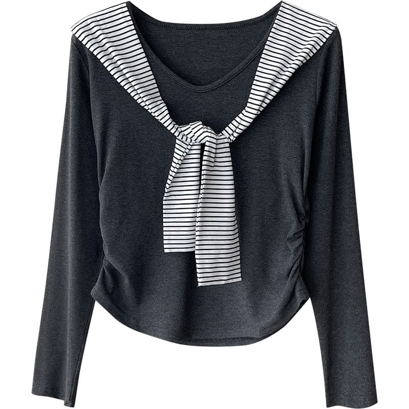 일본과 한국 부서 미니멀리즘 백 코디 스트라이프 숄 티셔츠 여성 가을 프랑스식 펌프 Pleat 허리 수축 외국 가스 핫걸 슬림해 보이는 맨위 상세 이미지 27