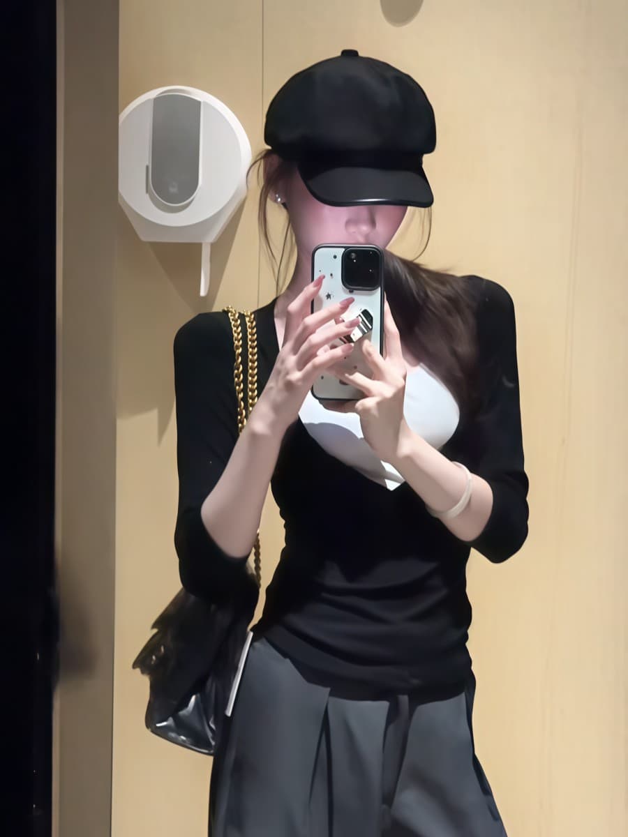 사람들 면 270 그램 기본 셔츠 티셔츠 여성 가을 작은 대중 몸매 가꾸기 슬림해 보이는 Chic 페이크 레이어드 인사이드 가져 가라. 긴팔 맨위 이미지 4