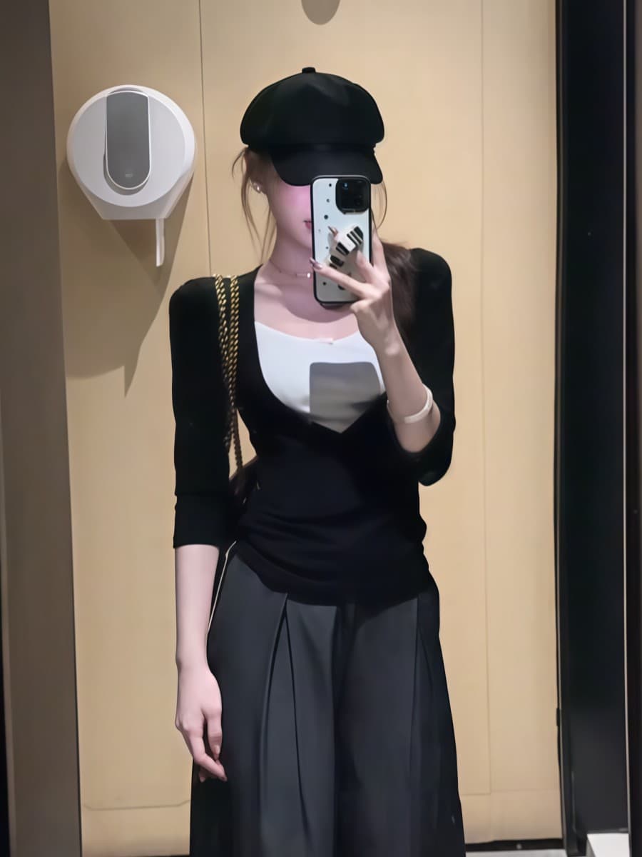 사람들 면 270 그램 기본 셔츠 티셔츠 여성 가을 작은 대중 몸매 가꾸기 슬림해 보이는 Chic 페이크 레이어드 인사이드 가져 가라. 긴팔 맨위 상세 이미지 4