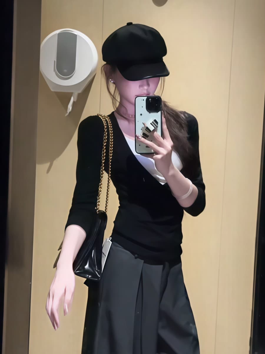 사람들 면 270 그램 기본 셔츠 티셔츠 여성 가을 작은 대중 몸매 가꾸기 슬림해 보이는 Chic 페이크 레이어드 인사이드 가져 가라. 긴팔 맨위 상세 이미지 6