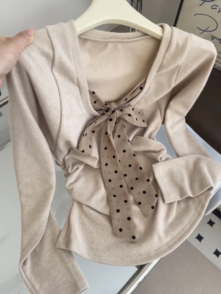 순수한 욕망 바람 품격 도트 무늬 나비 넥타이 페이크 레이어드 티셔츠 여성 가을 주름 몸매 가꾸기 슬림해 보이는 긴팔 맨위 상세 이미지 4