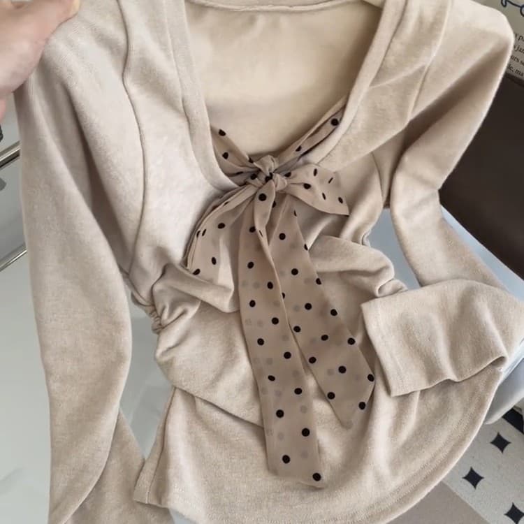 순수한 욕망 바람 품격 도트 무늬 나비 넥타이 페이크 레이어드 티셔츠 여성 가을 주름 몸매 가꾸기 슬림해 보이는 긴팔 맨위 상세 이미지 9