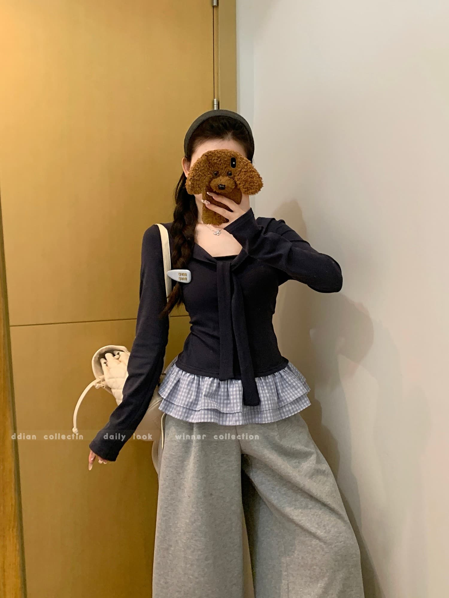 부서 페이크 레이어드 숄 레이스업 V넥 긴팔 티셔츠 여성 가을 겨울 프릴 몸매 가꾸기 기본 셔츠 인사이드 잡아라. 의류 이미지 4