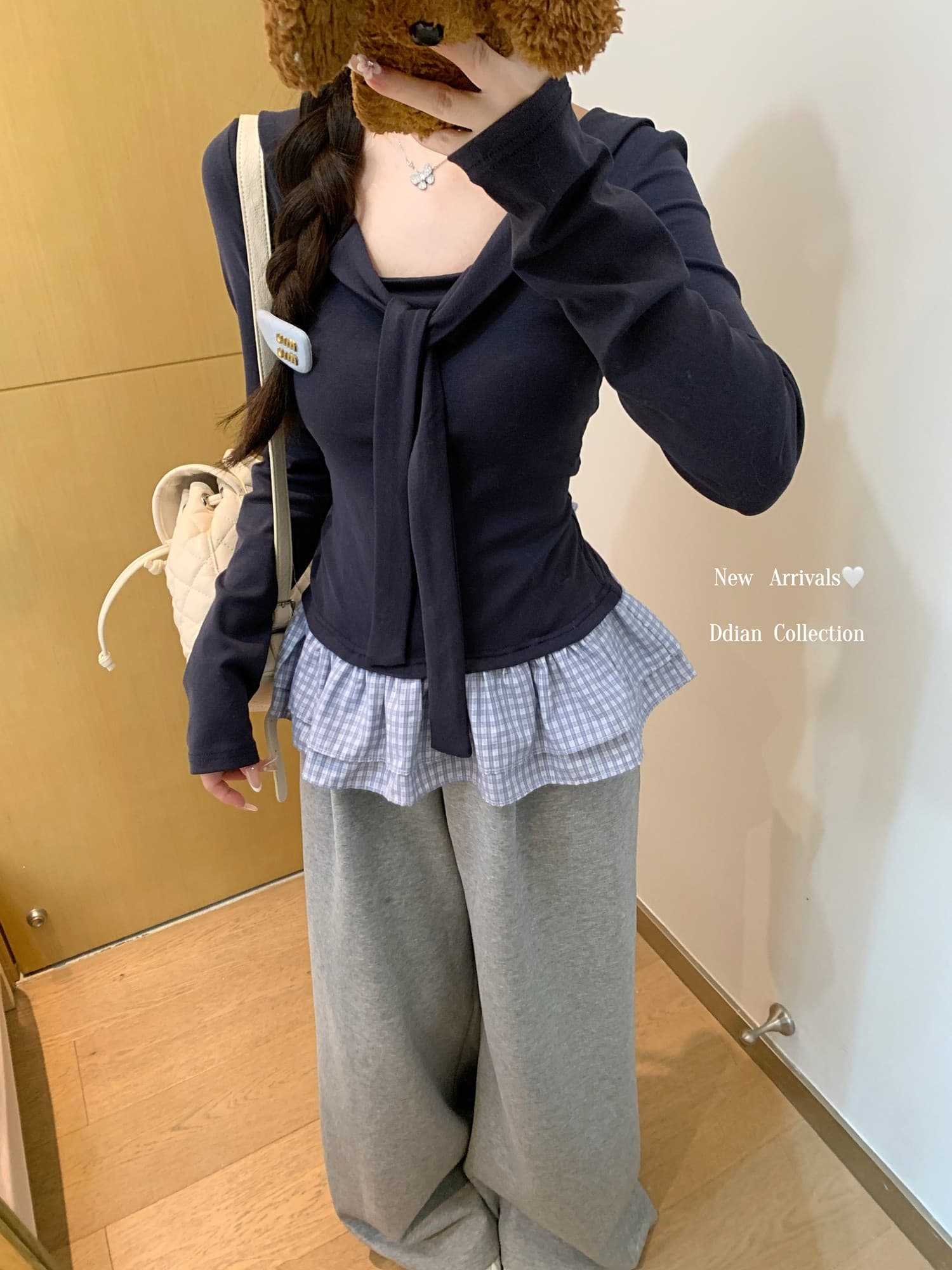 부서 페이크 레이어드 숄 레이스업 V넥 긴팔 티셔츠 여성 가을 겨울 프릴 몸매 가꾸기 기본 셔츠 인사이드 잡아라. 의류 이미지 2
