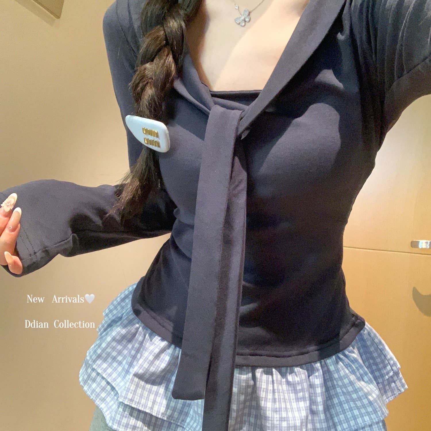 부서 페이크 레이어드 숄 레이스업 V넥 긴팔 티셔츠 여성 가을 겨울 프릴 몸매 가꾸기 기본 셔츠 인사이드 잡아라. 의류