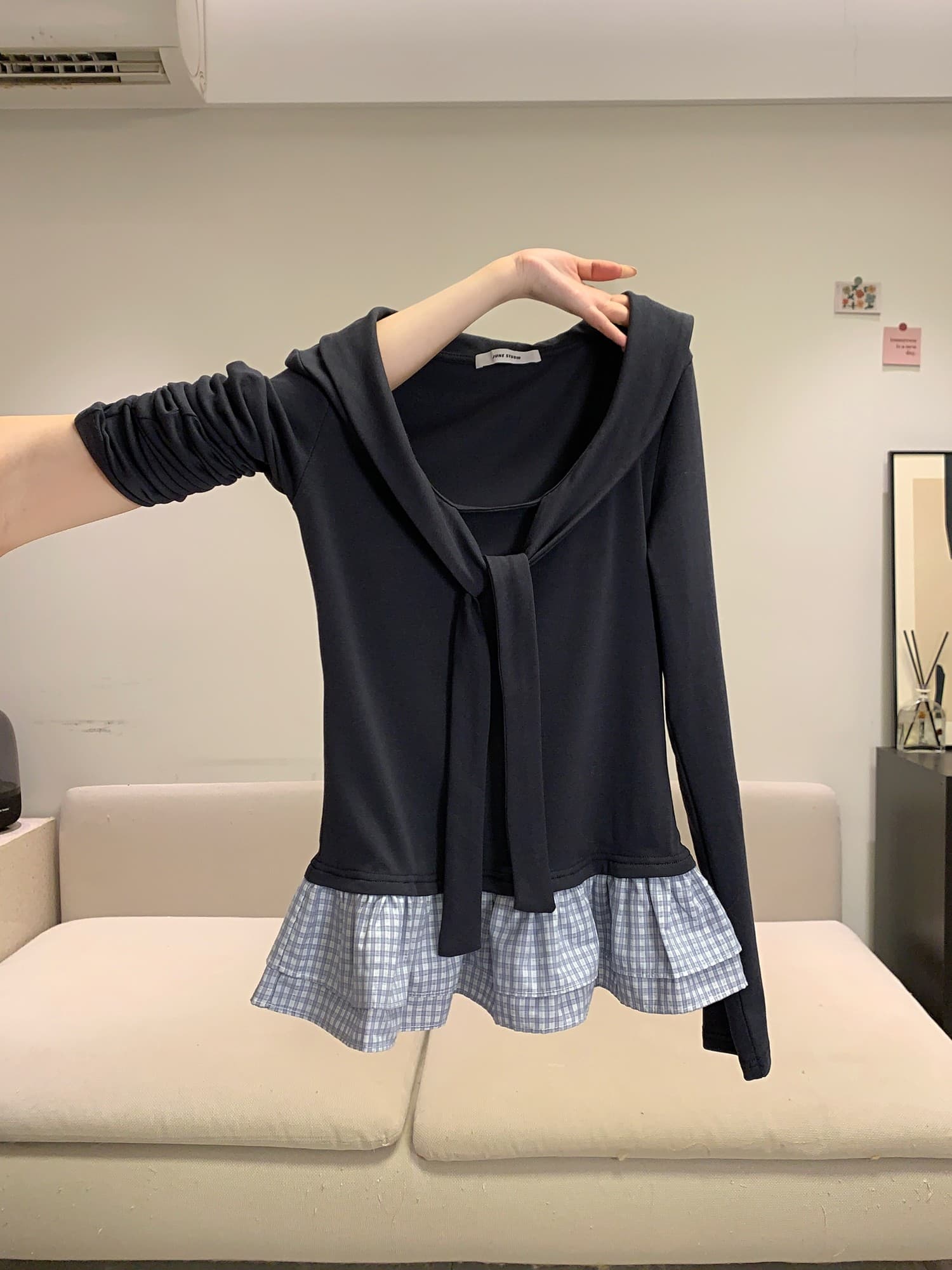 부서 페이크 레이어드 숄 레이스업 V넥 긴팔 티셔츠 여성 가을 겨울 프릴 몸매 가꾸기 기본 셔츠 인사이드 잡아라. 의류 상세 이미지 6