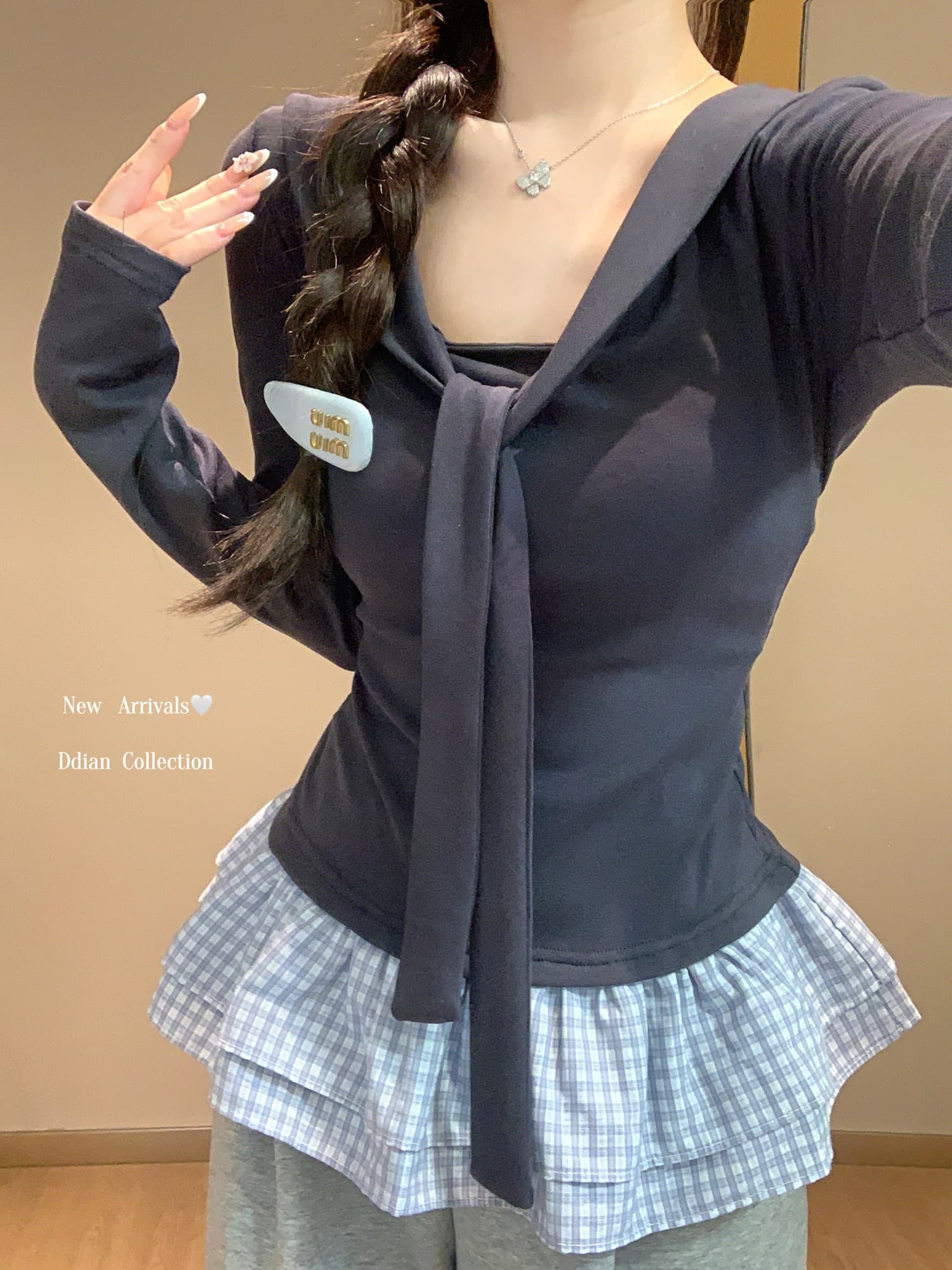 부서 페이크 레이어드 숄 레이스업 V넥 긴팔 티셔츠 여성 가을 겨울 프릴 몸매 가꾸기 기본 셔츠 인사이드 잡아라. 의류 상세 이미지 12