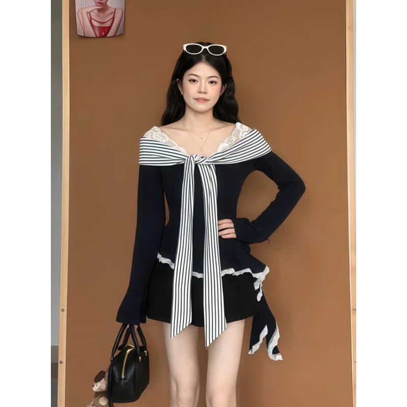 순수한 욕망 바람 레이스 조각 스트랩 니트 맨위 여성 가을 겨울철 긴팔 슬림해 보이는 다용도 기본 셔츠 이미지 3