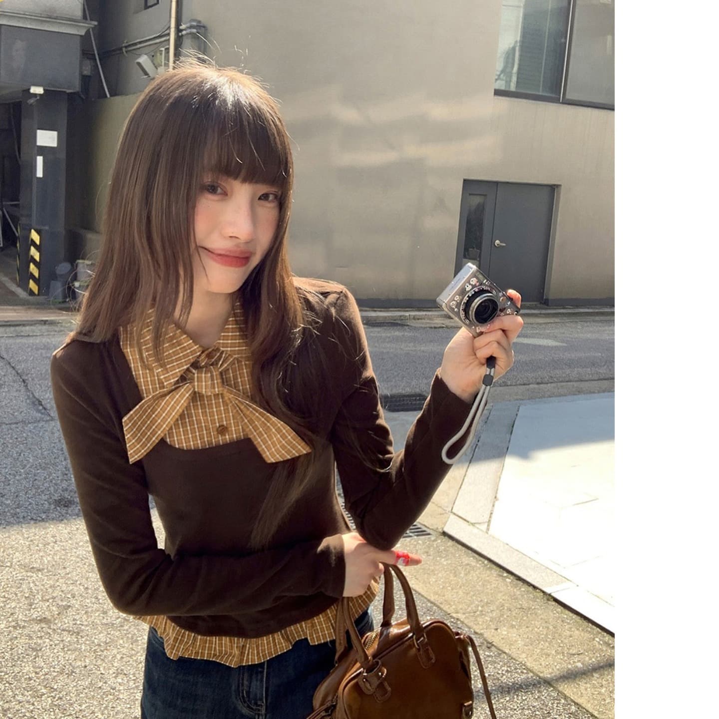 페이크 레이어드 패치워크 긴팔 티셔츠 여성 가을 겨울 새로운 스트랩 작은 셔츠 작은 대중 몸매 가꾸기 체크무늬 맨위 이미지 2