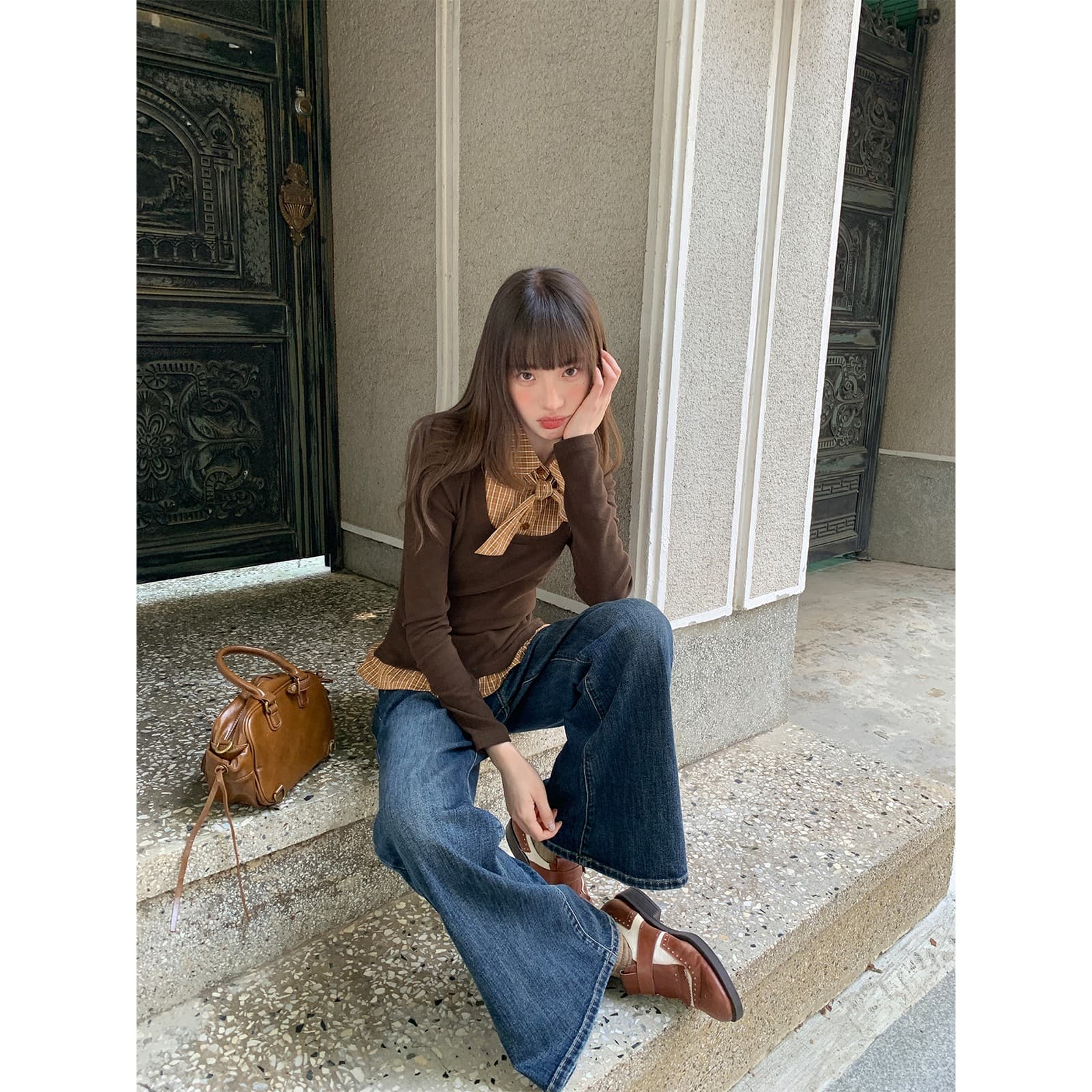 페이크 레이어드 패치워크 긴팔 티셔츠 여성 가을 겨울 새로운 스트랩 작은 셔츠 작은 대중 몸매 가꾸기 체크무늬 맨위 이미지 3