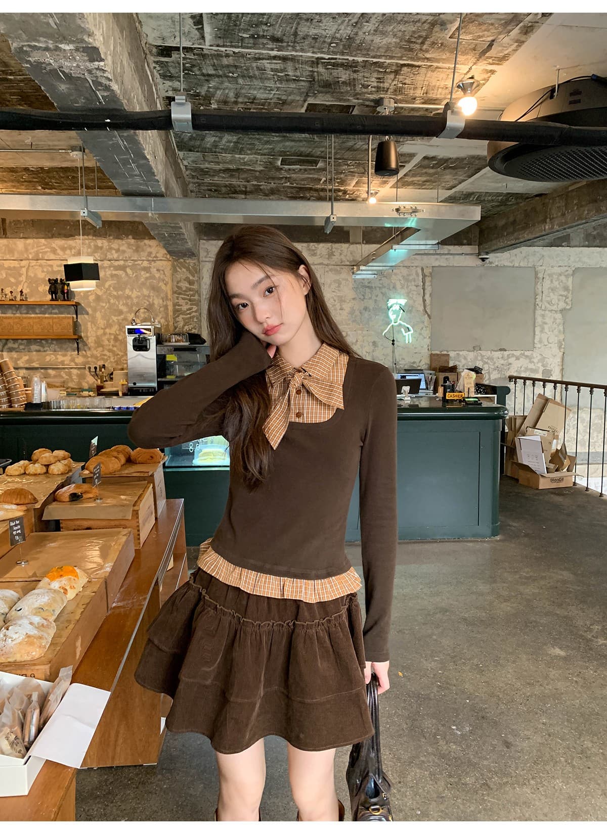 페이크 레이어드 패치워크 긴팔 티셔츠 여성 가을 겨울 새로운 스트랩 작은 셔츠 작은 대중 몸매 가꾸기 체크무늬 맨위 상세 이미지 18