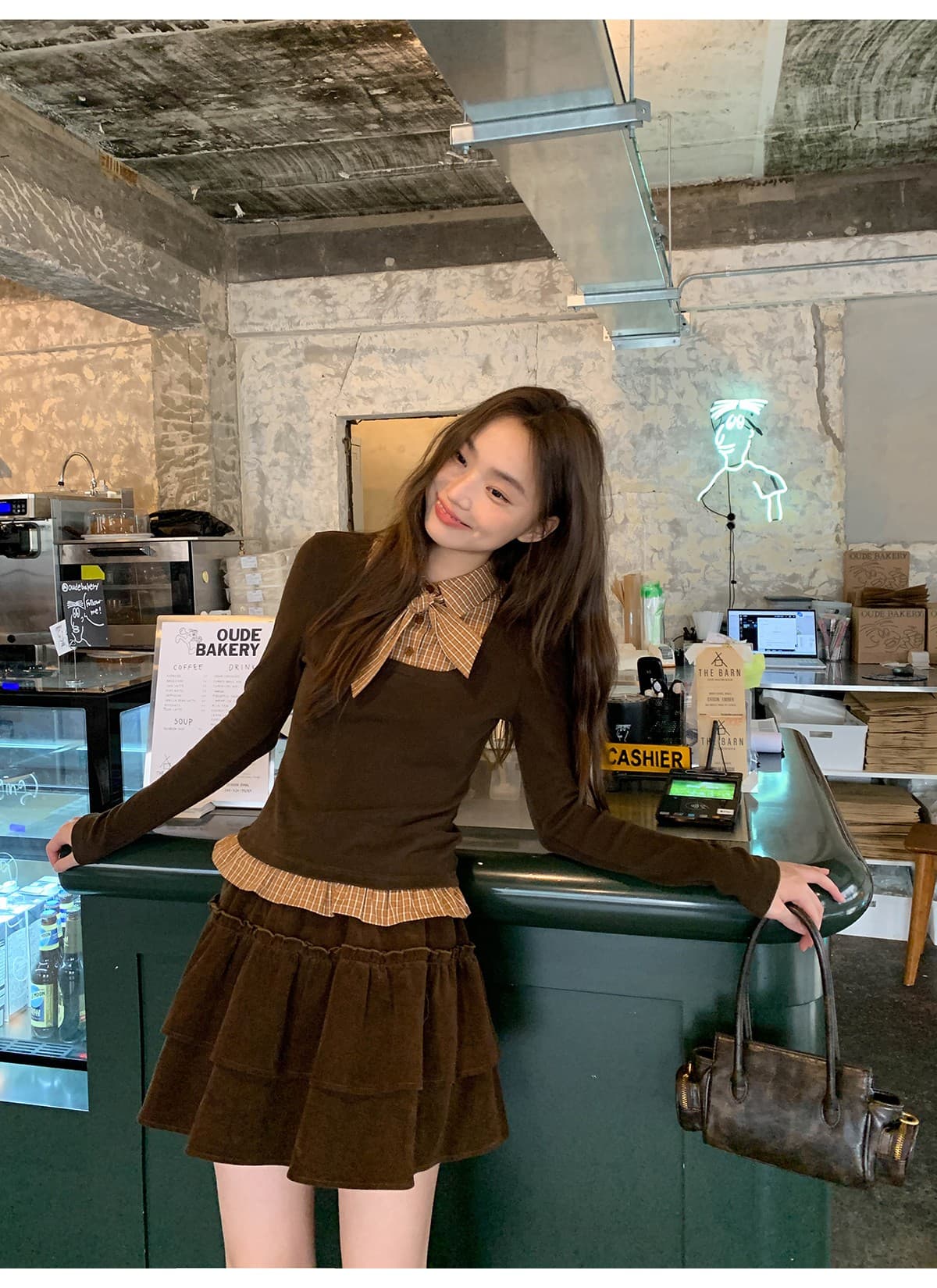 페이크 레이어드 패치워크 긴팔 티셔츠 여성 가을 겨울 새로운 스트랩 작은 셔츠 작은 대중 몸매 가꾸기 체크무늬 맨위 상세 이미지 20