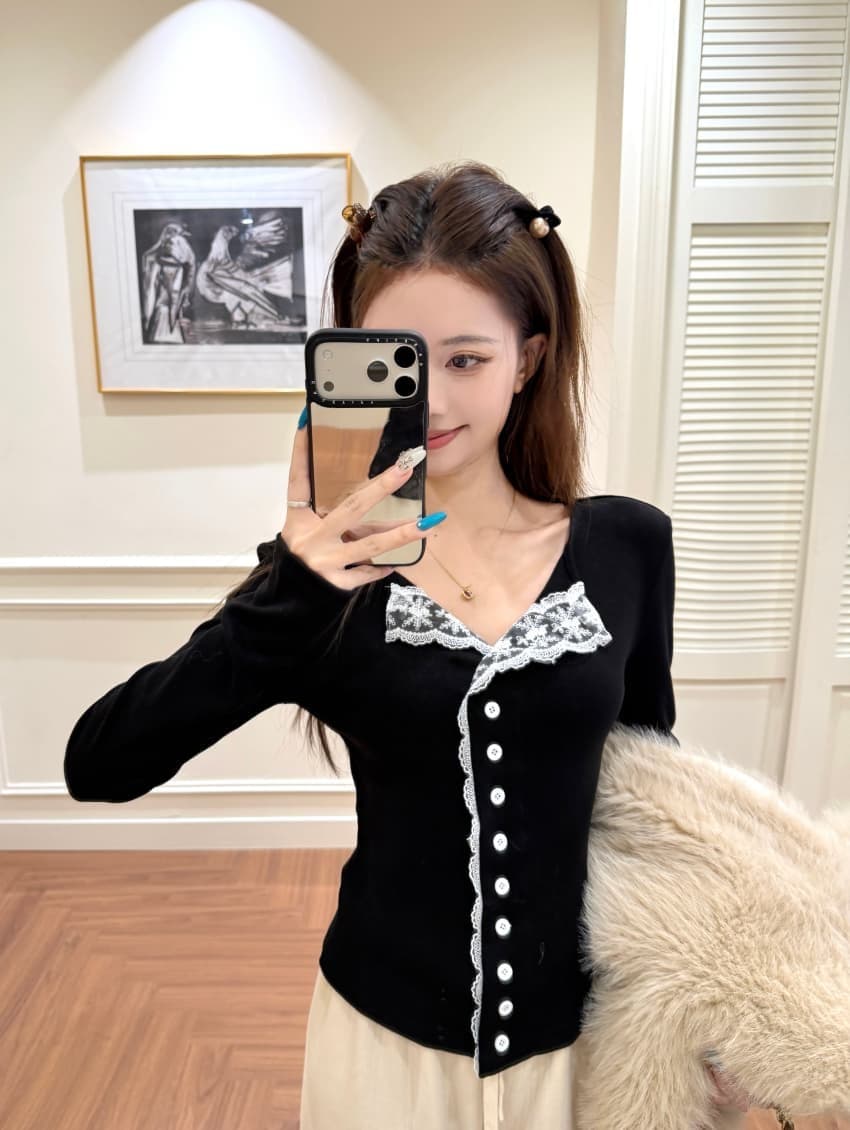 긴팔 티셔츠 여성 가을 겨울 새로운 스트랩 작은 셔츠 작은 대중 몸매 가꾸기 체크무늬 맨위 상세 이미지 17
