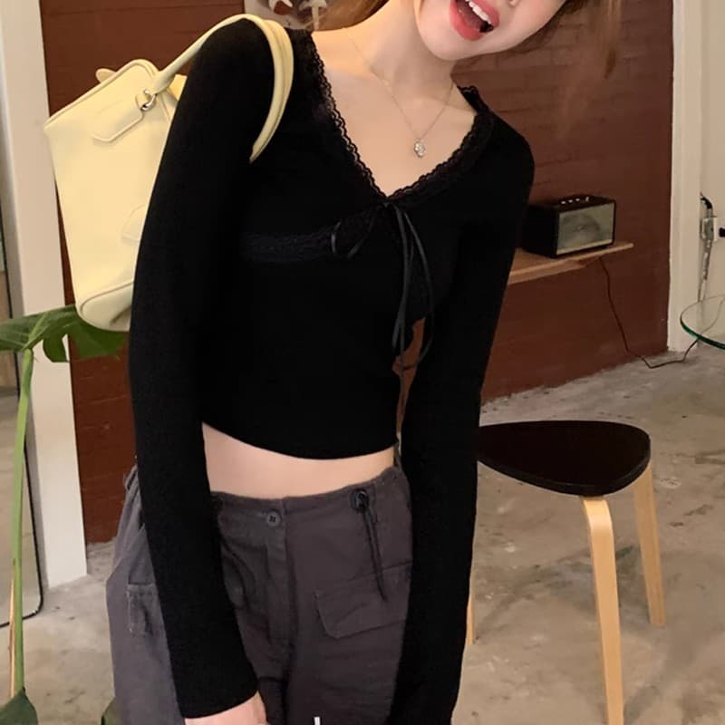 긴팔 티셔츠 여성 가을 겨울 새로운 스트랩 작은 셔츠 작은 대중 몸매 가꾸기 체크무늬 맨위 이미지 4