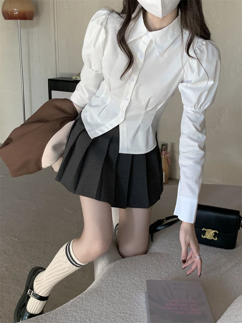 화이트 거품 소매 긴팔 jk 여성 셔츠 봄 가을 인사이드 가져 가라. 만나는 셔츠 불규칙 허리 수축 몸매 가꾸기 쇼트 스타일 맨위 상세 이미지 6