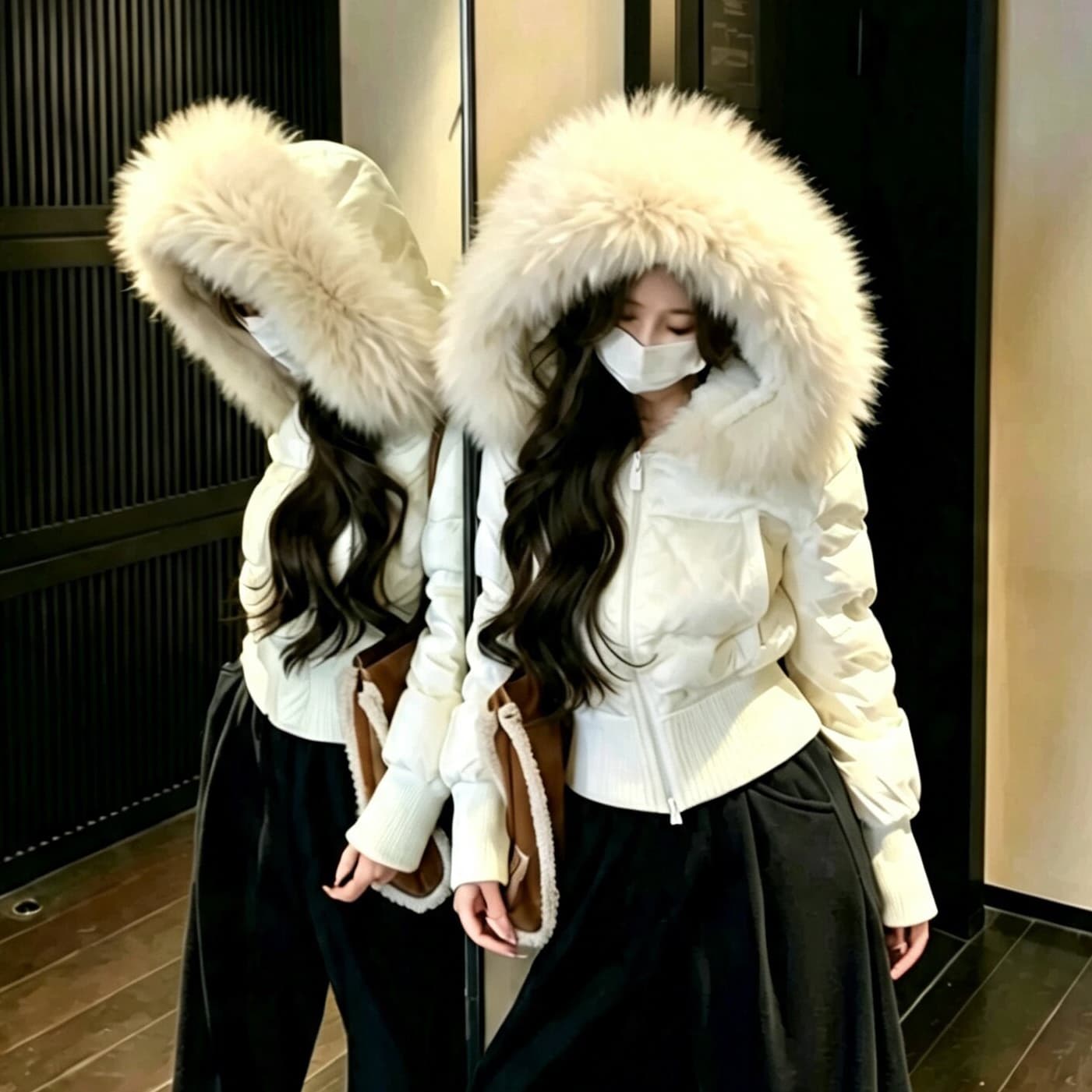 한 부서 네리 털이 있는 방수 가죽 표면 허리 수축 패딩 재킷 다운 코트 겨울 재킷 두꺼움 목화 진딧물 면 의류 여성 이미지 5
