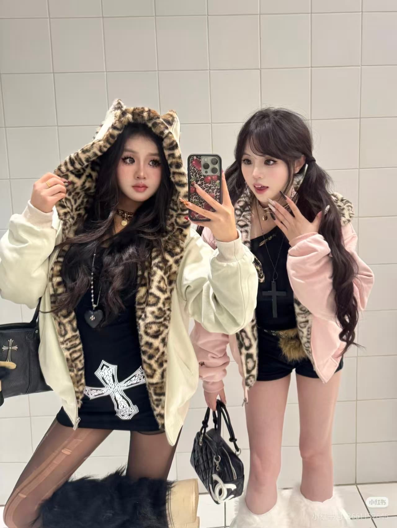 가을 겨울 귀여운 핑크색 토끼 귀 보온 후드티 재킷 작은 대중 디자인 레오파드 무늬 네리 지퍼 후드 털이 있는 맨위 상세 이미지 19