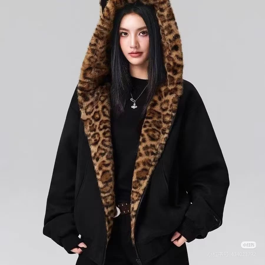 가을 겨울 귀여운 핑크색 토끼 귀 보온 후드티 재킷 작은 대중 디자인 레오파드 무늬 네리 지퍼 후드 털이 있는 맨위 상세 이미지 25