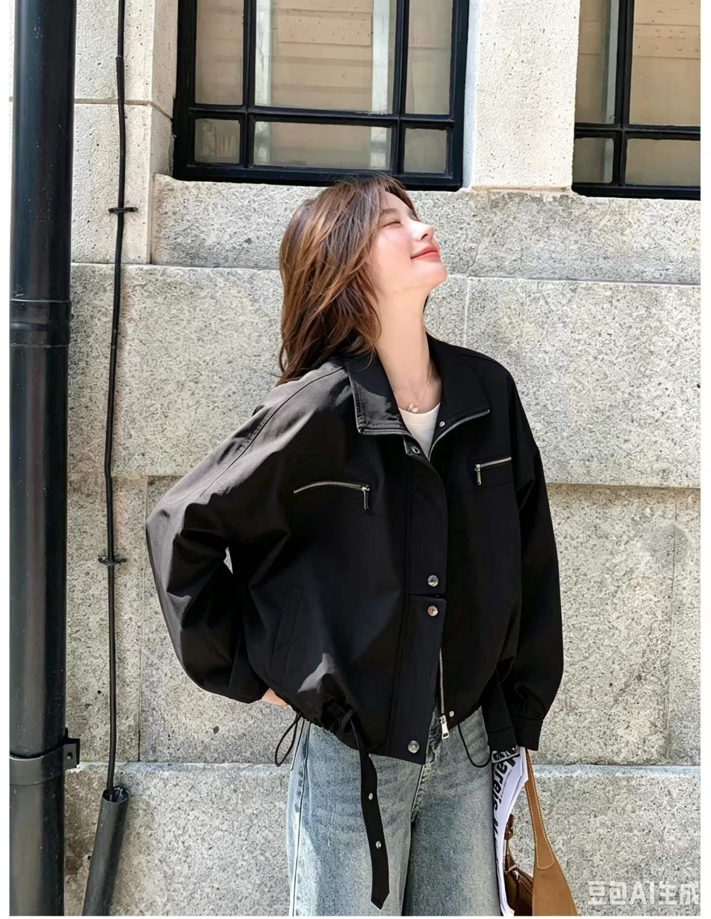 이른 가을 유럽 팬 재킷 가죽 여성 코트 트렌디 섹션 긴팔 스탠드 칼라 캐주얼 지퍼 패션 다용도 쇼트 스타일 폭발 상세 이미지 2