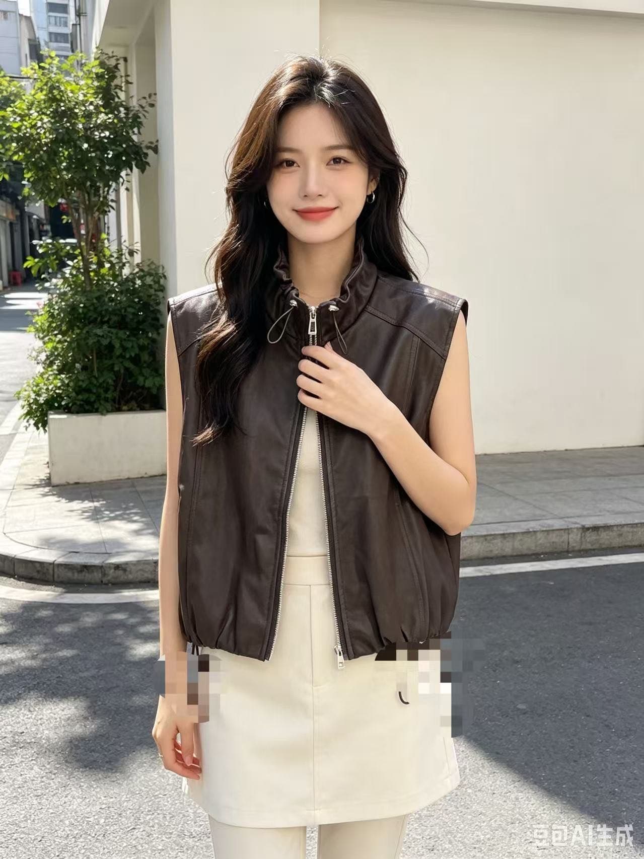 2026 년 봄 가을 검정색 피질 조끼 여자 라운드 넥 민소매 지퍼 루즈핏 조끼 이미지 2