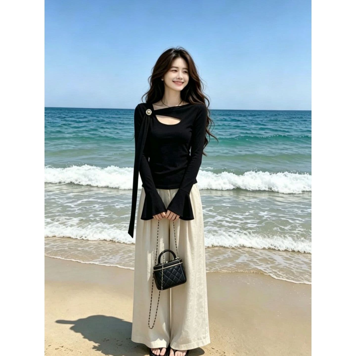 와 사고 방식 모달 260 그램 1 1 핫걸 바람 비스듬한 어깨 리본 디자인 센스 긴팔 티셔츠 여성 이미지 5