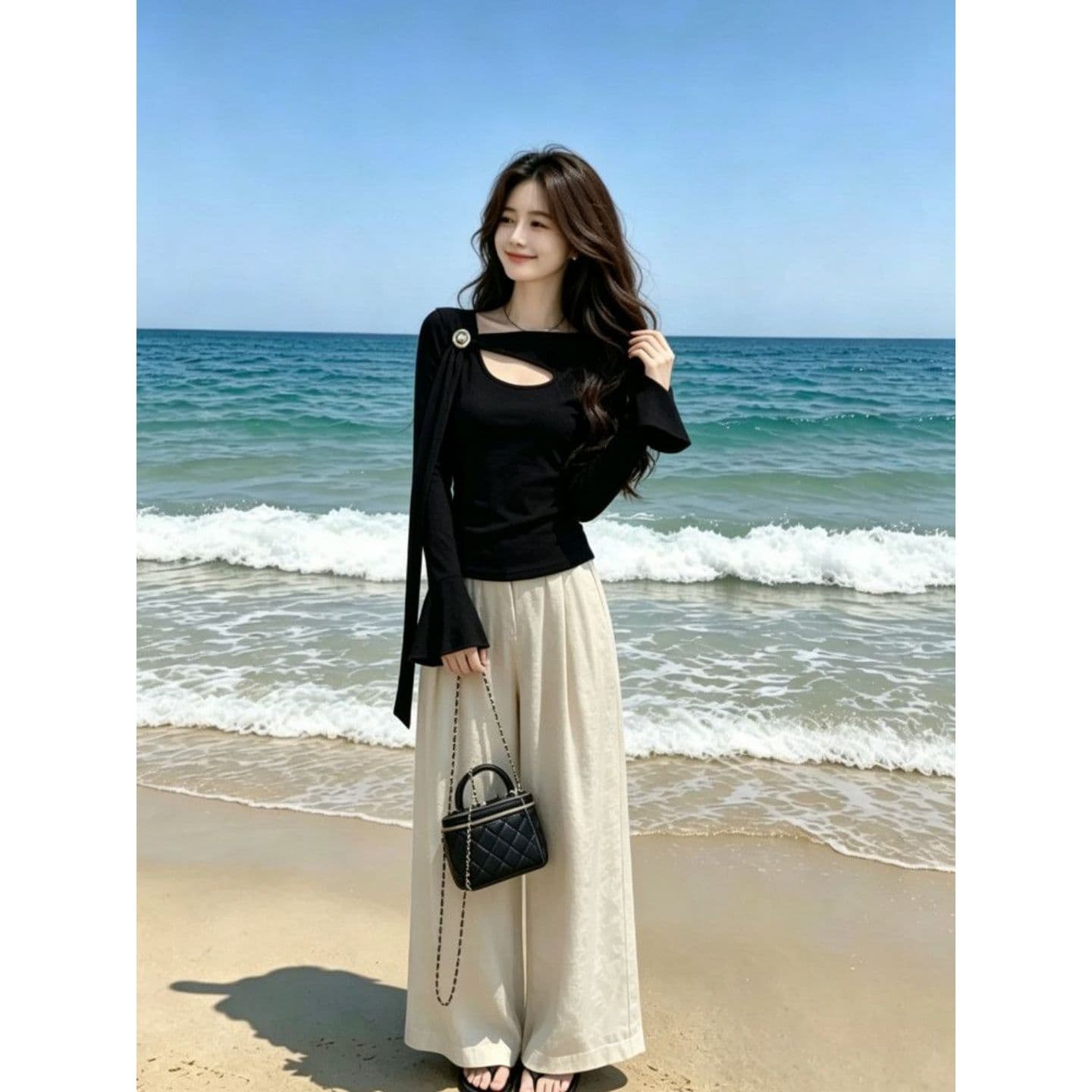 와 사고 방식 모달 260 그램 1 1 핫걸 바람 비스듬한 어깨 리본 디자인 센스 긴팔 티셔츠 여성 이미지 4