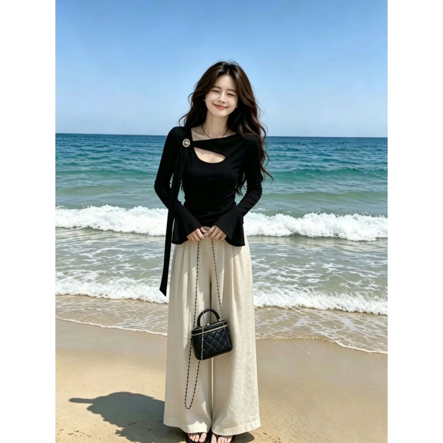 와 사고 방식 모달 260 그램 1 1 핫걸 바람 비스듬한 어깨 리본 디자인 센스 긴팔 티셔츠 여성 이미지 2