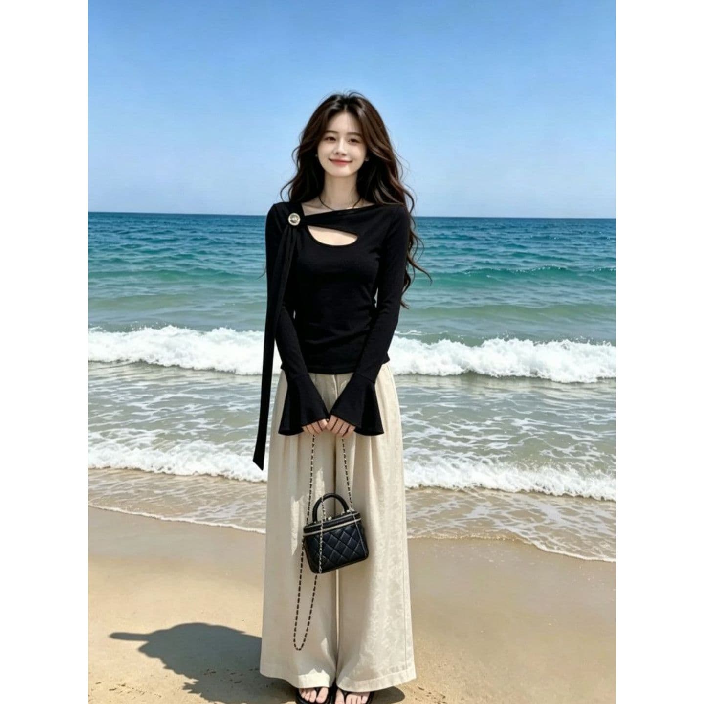 와 사고 방식 모달 260 그램 1 1 핫걸 바람 비스듬한 어깨 리본 디자인 센스 긴팔 티셔츠 여성 상세 이미지 2