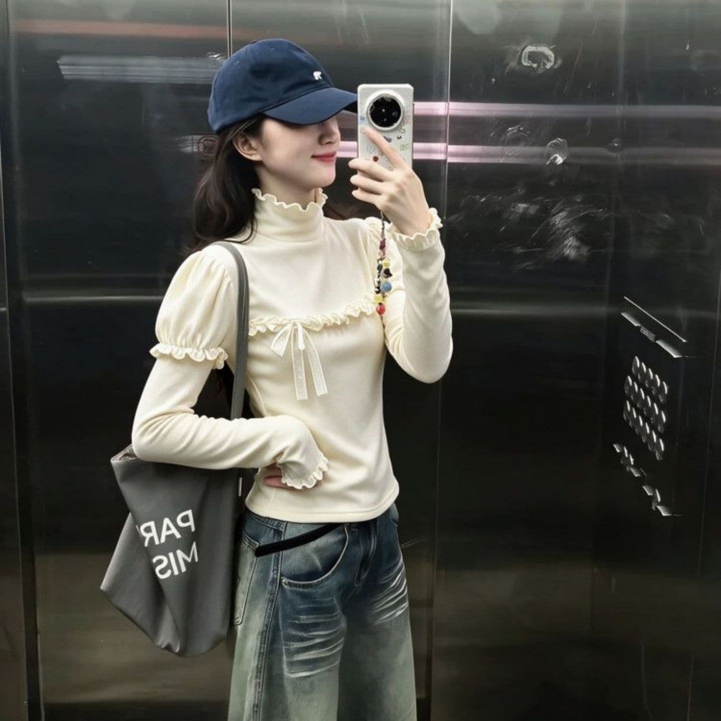 광저우 리브 De 플러시 270 그램 1 1 터틀넥 프릴 긴팔 티셔츠 나비 매듭 맨위 이미지 4