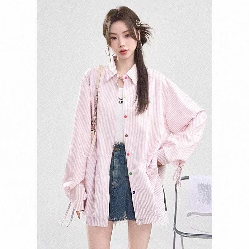 비 실사 감소되지 않음 스트라이프 긴팔 셔츠 디자인 센스 Chic 레이스업 색상 단추 셔츠 루즈핏 재킷 상세 이미지 20
