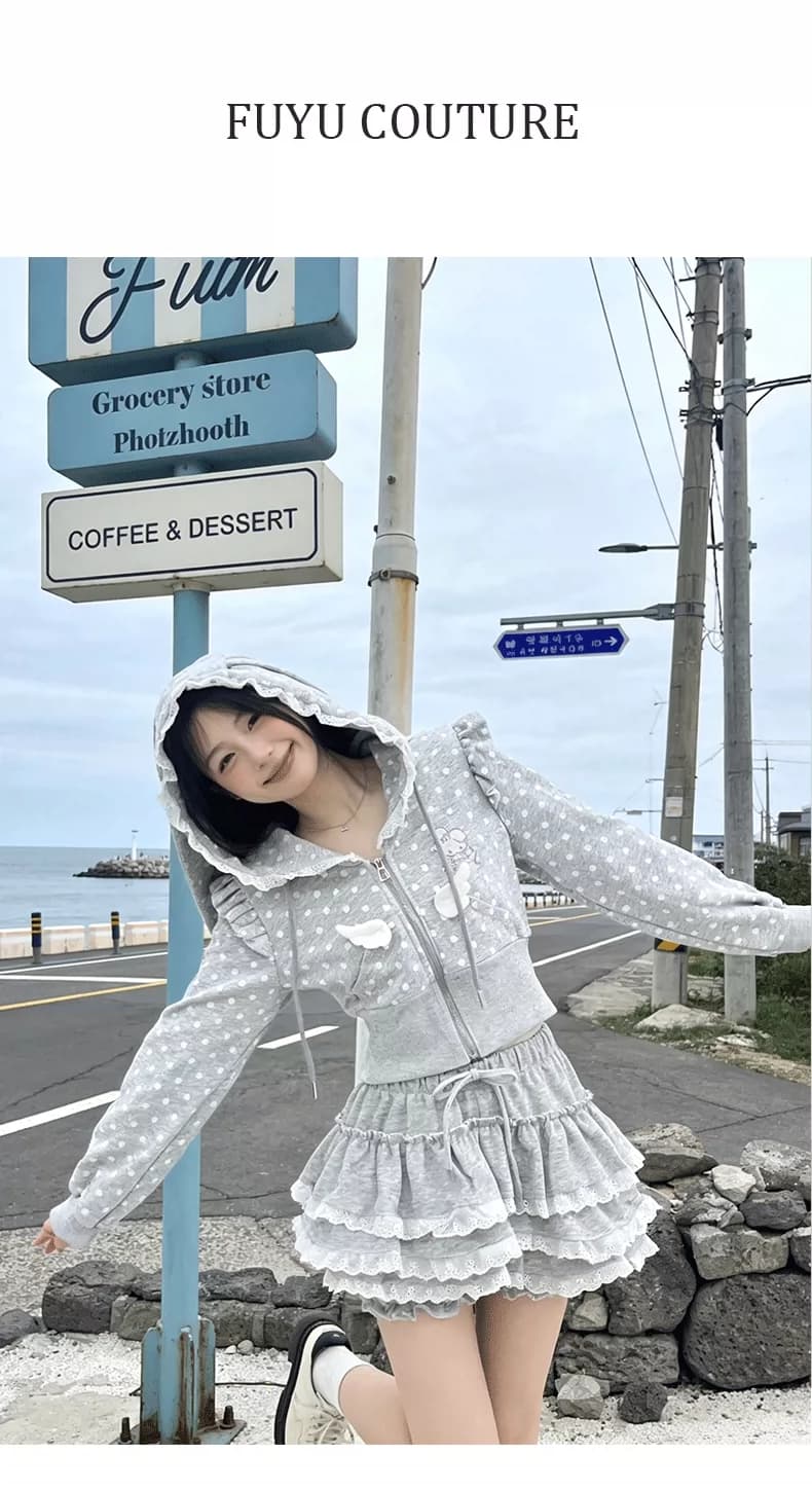소녀 코코넛 빛 아시아 인 부서 도트 무늬 토끼 토끼 가을 세트 여성 회색 도트 무늬 재킷 회색 케이크 드레스