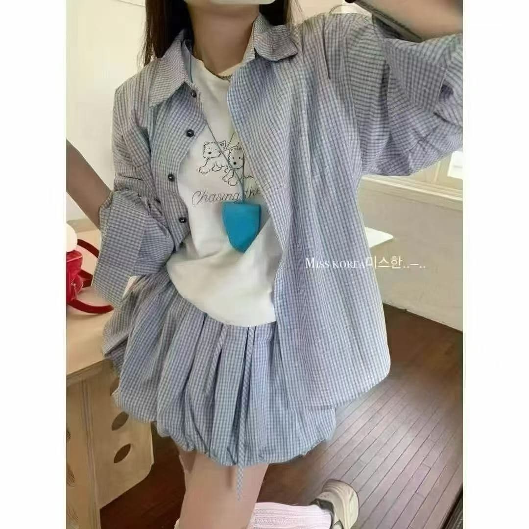 2026 여름 새로운 레트로 체크무늬 긴팔 POLO 칼라 셔츠 펌프 로프 꽃밭 반신 미니 스커트 여성 패션 세트
